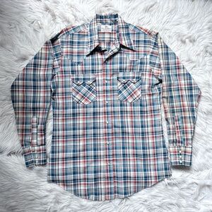 Vintage DeeCee Western Plaid Pearl Snap Shirt Raw Hem Cowboy Rodeo USA